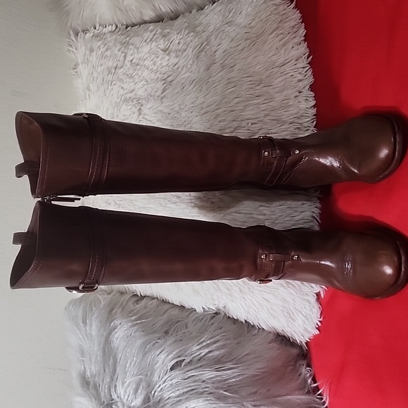 Tory Burch Riding Boots Brown Leather Gold Logo Tall Boots 6.5M - Picture 11 of 15